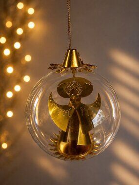 Resl Lenz Germany Glass Globe Ornament Gold Foil Angel Spinner MCM 4 1/2"